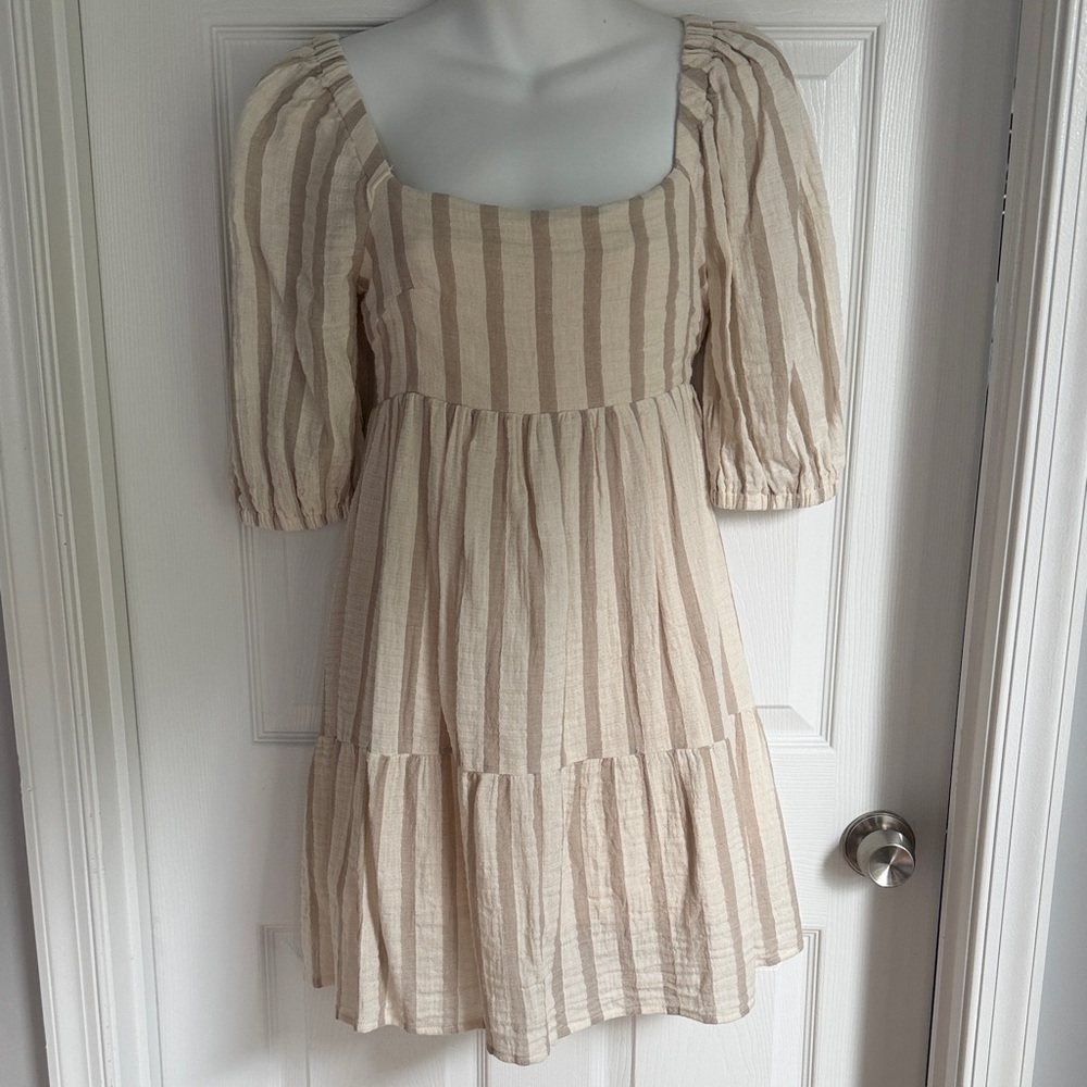 Lush Beige and Cream Striped Square-Neck Mini Dress